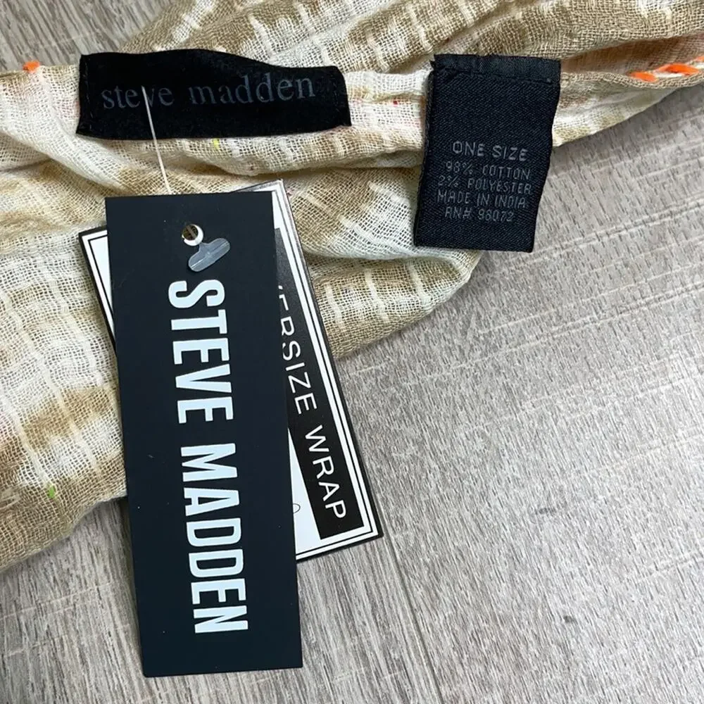 NWT STEVE MADDEN Tan Tie Dye Orange Trim Frayed Edge Scarf